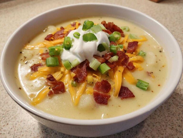 A close-up of a creamy bowl of potato soup recipe topped with cheddar cheese, bacon bits, sour cream, and green onions.