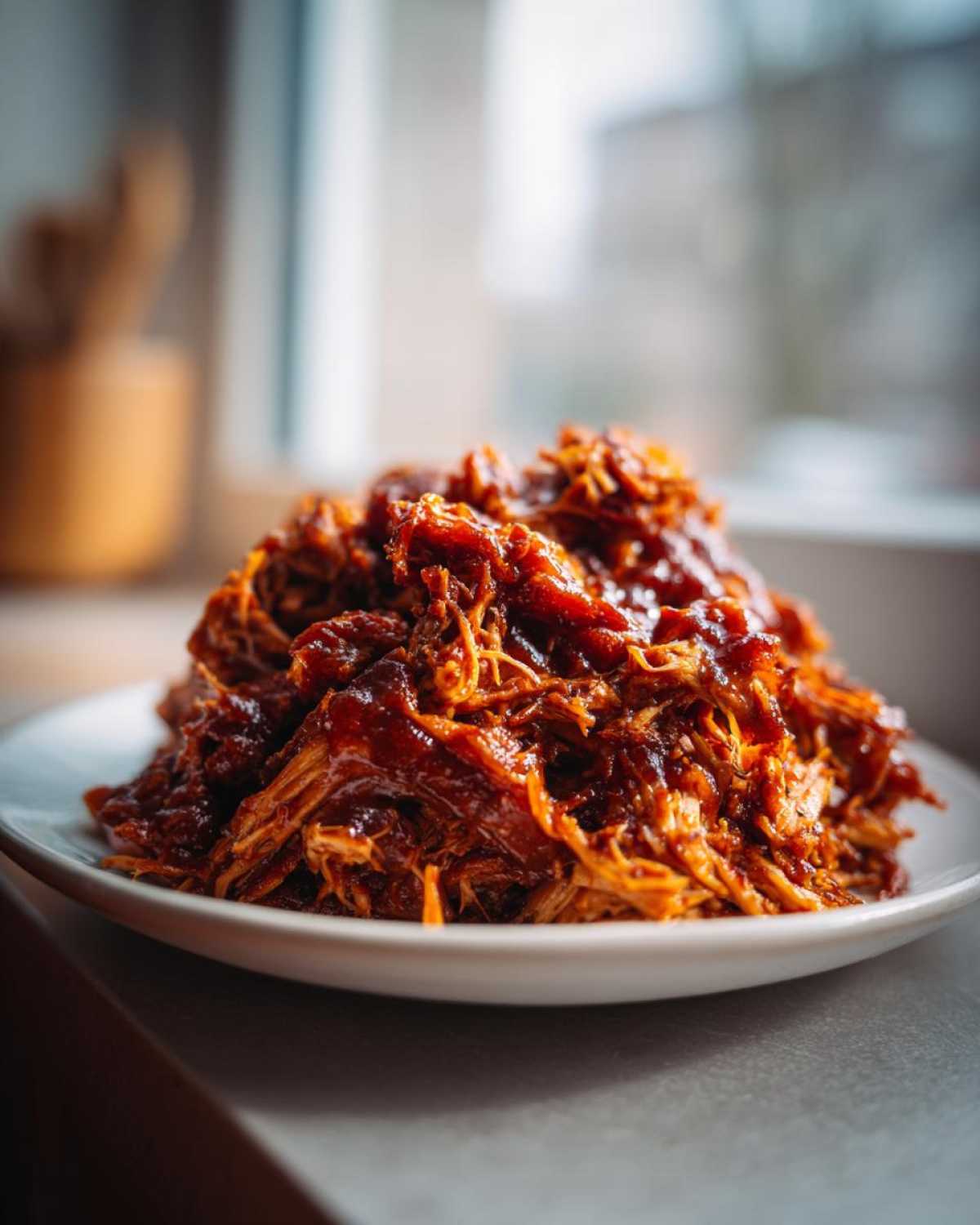 Close-up of a generous mound of saucy, shredded pulled chicken served on a small white plate.