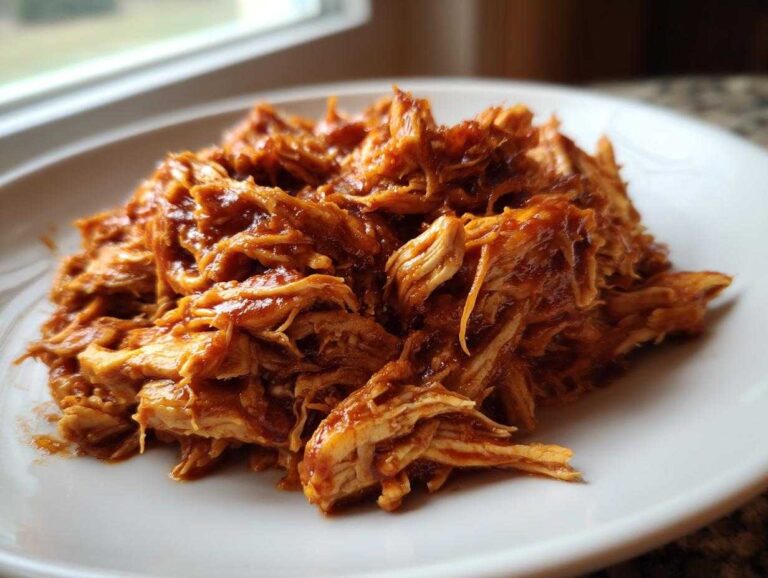 A close-up of saucy, shredded pulled chicken piled high on a white plate.