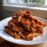 A close-up photo of saucy, shredded pulled chicken piled high on a white plate.