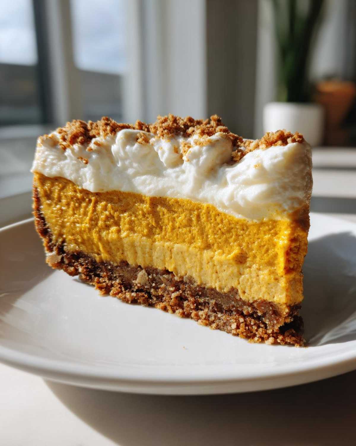 A perfect slice of amazing pumpkin cheesecake showing the crust, filling, and whipped topping.