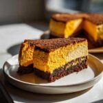 A rich slice of layered pumpkin cheesecake with a dark chocolate crust and crumb topping.