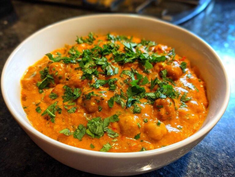 A close-up of a vibrant orange pumpkin curry with chickpeas, topped generously with fresh chopped cilantro.