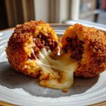 A deep-fried rice balls, cut in half, showing a rich, meaty filling and melted cheese stretching between the two halves.