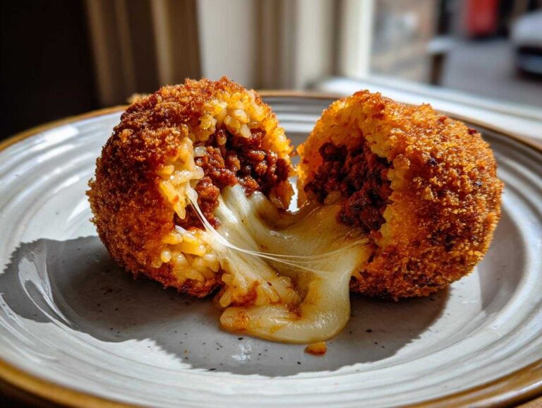 A deep-fried rice balls, cut in half, showing a rich, meaty filling and melted cheese stretching between the two halves.
