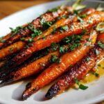 A close-up of glossy, caramelized roasted carrots topped with fresh chopped parsley on a white plate.