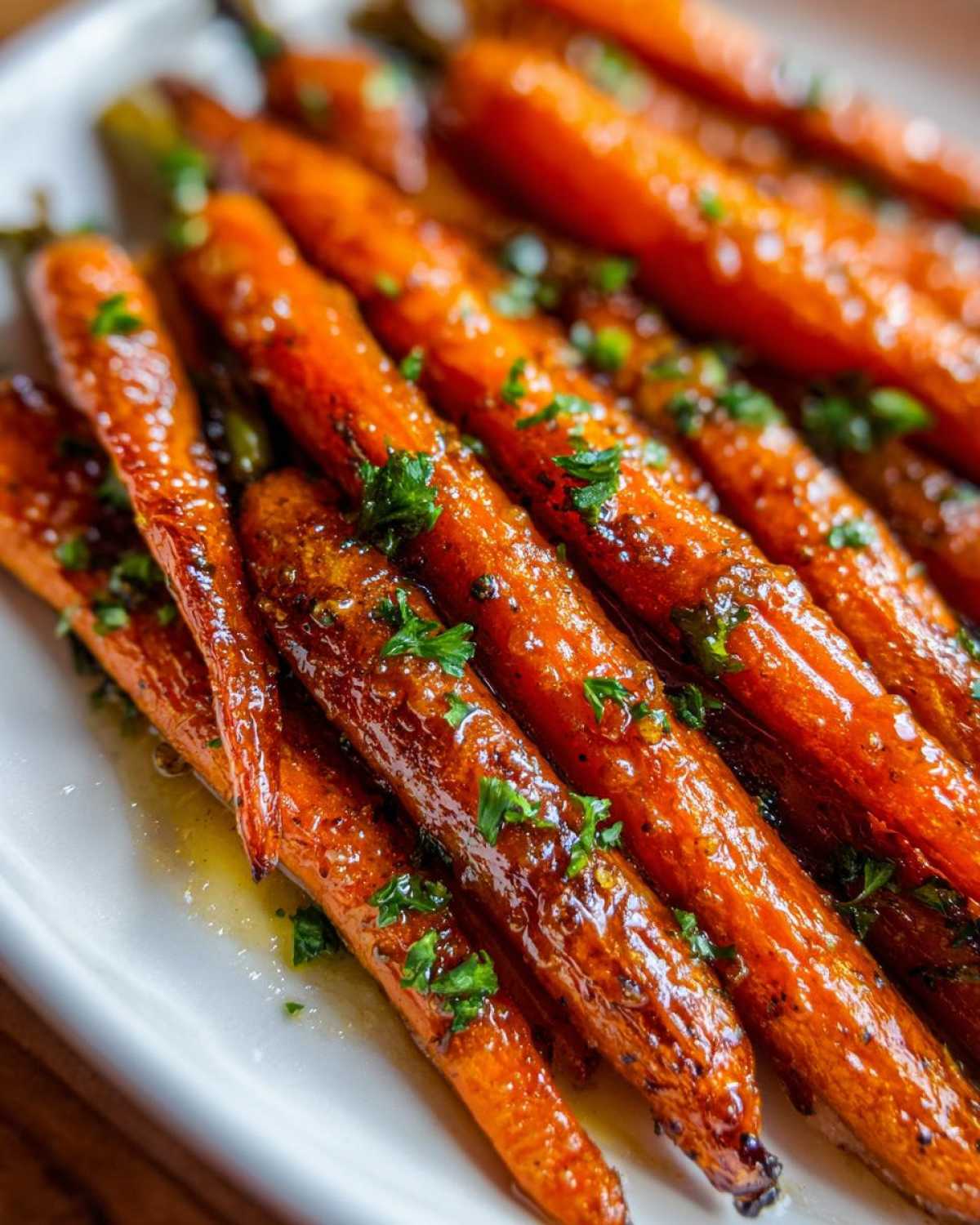 Close-up of perfectly glazed, bright orange roasted carrots sprinkled with fresh green parsley.