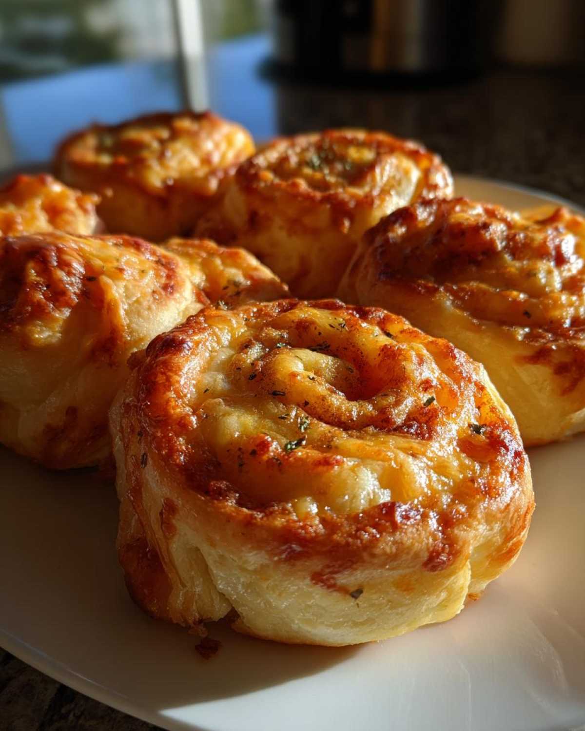 Close-up of several golden brown, freshly baked sausage pinwheels with melted cheese and herbs on a white plate.