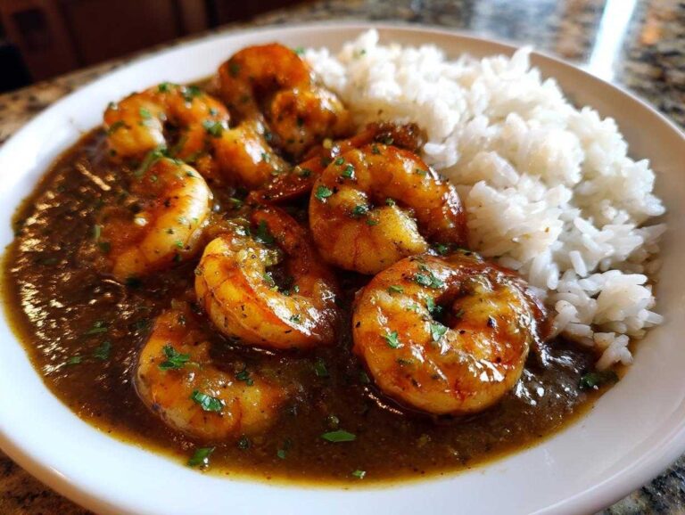 Close-up of a plate featuring rich shrimp etouffee with plump shrimp in a dark roux sauce, served alongside fluffy white rice.