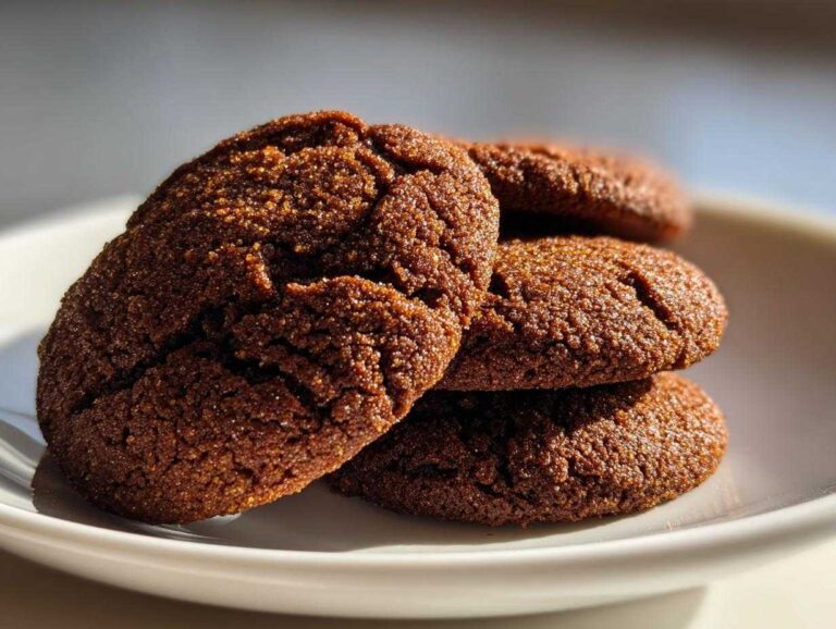 Close-up of a stack of four amazing soft gingerbread cookies, coated in sugar crystals, sitting on a white plate.