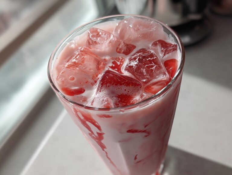 Close-up overhead view of a tall glass filled with homemade strawberry milk and large ice cubes.