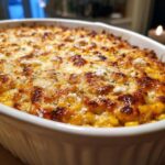 Close-up of a hot, bubbly baked street corn dip topped with browned cheese and white crumbles.