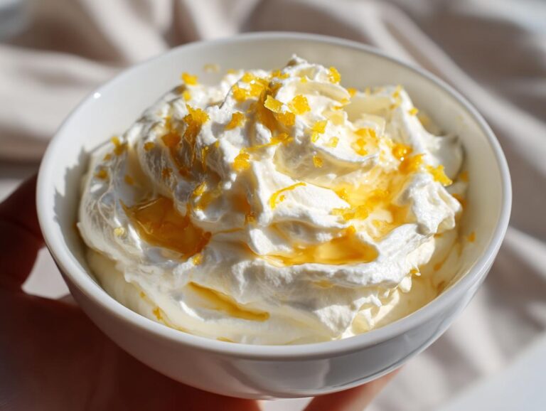 Close-up of a bowl of creamy whipped feta dip topped with honey drizzle and bright orange zest.