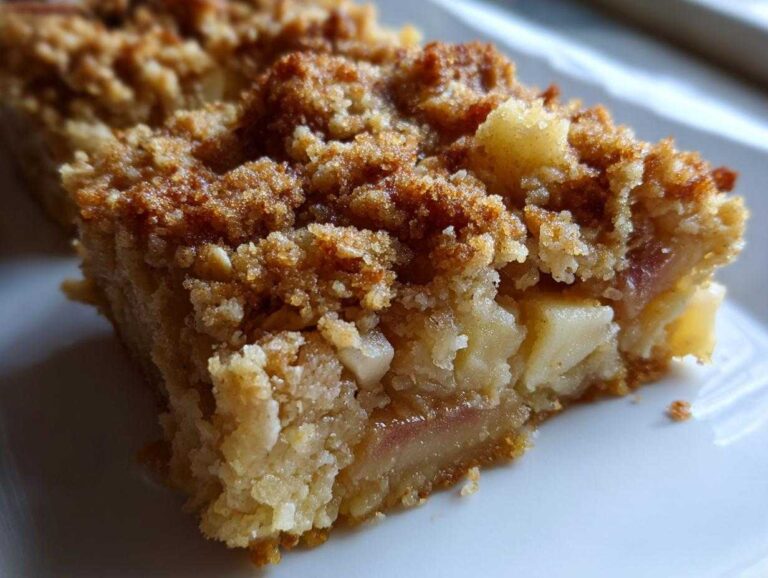 A close-up shot of a square serving of apple baked oatmeal featuring a thick, moist base and a crunchy, cinnamon-sugar crumble topping.
