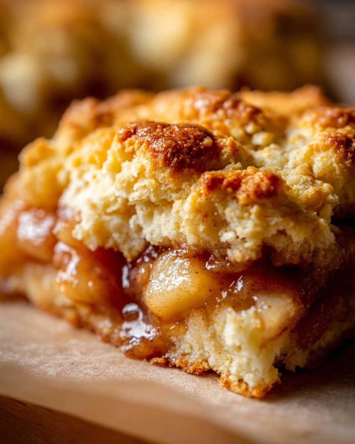 A close-up view of a serving of homemade apple cobbler showing the thick, gooey cinnamon apple filling and crumbly topping.