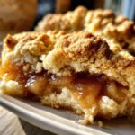 A close-up view of a moist slice of apple cobbler showing the gooey cinnamon apple filling and crumbly topping.