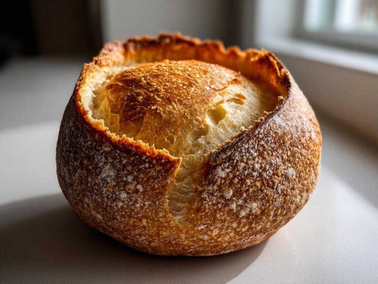 Close-up of a freshly baked artisan bread bowl with a thick, golden-brown, flour-dusted crust, ready to be filled.