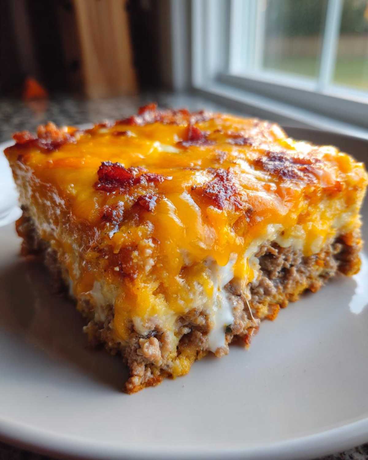 Close-up of a hearty slice of bacon cheeseburger casserole topped with melted cheddar cheese and bacon bits.