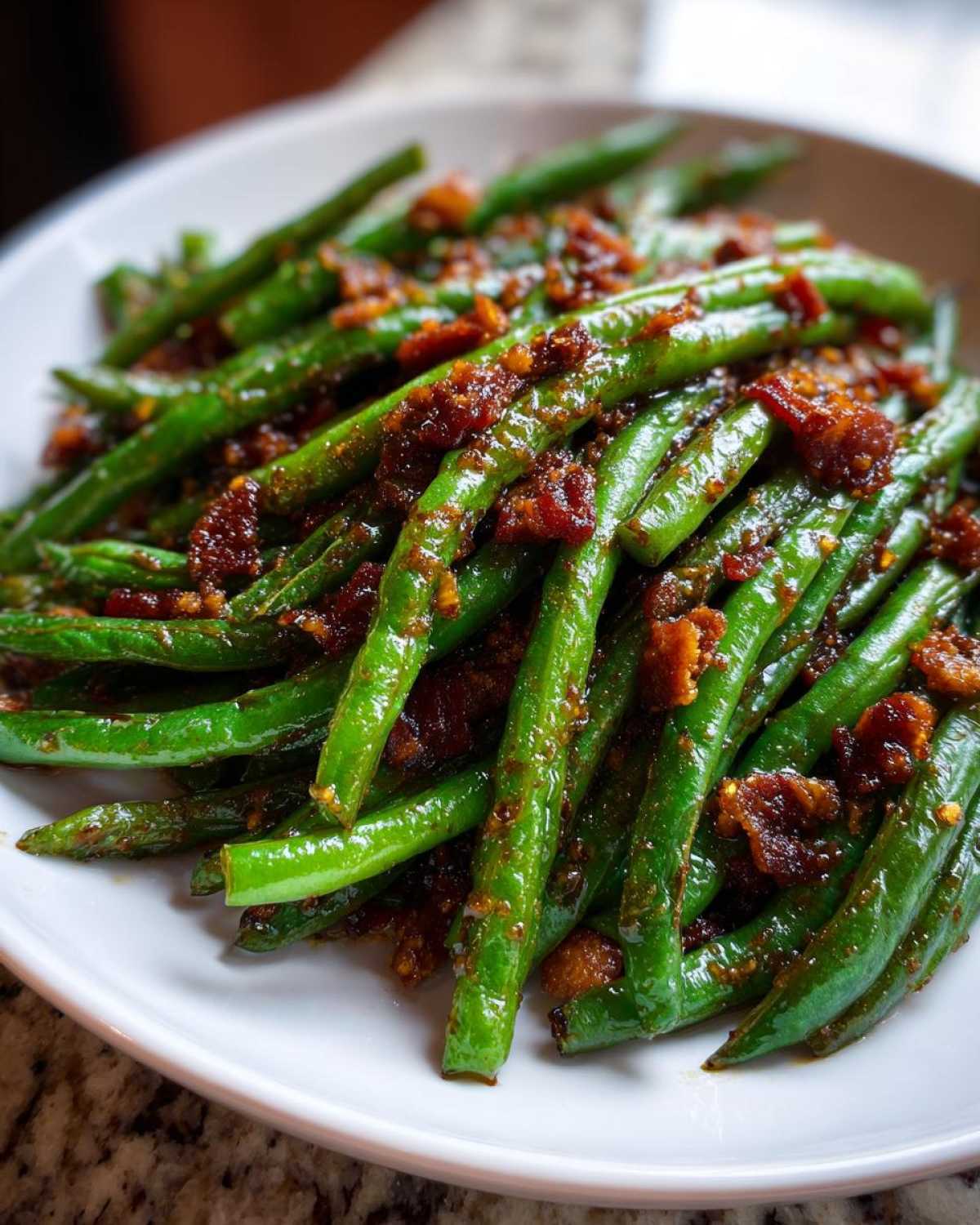 A close-up of bright green beans tossed in a savory, dark glaze with crispy bacon bits, showcasing the amazing flavor secret for green beans.