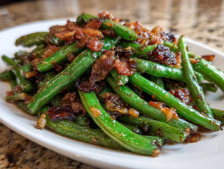 A close-up of bright green beans tossed with crispy, caramelized bacon bits served on a white platter.