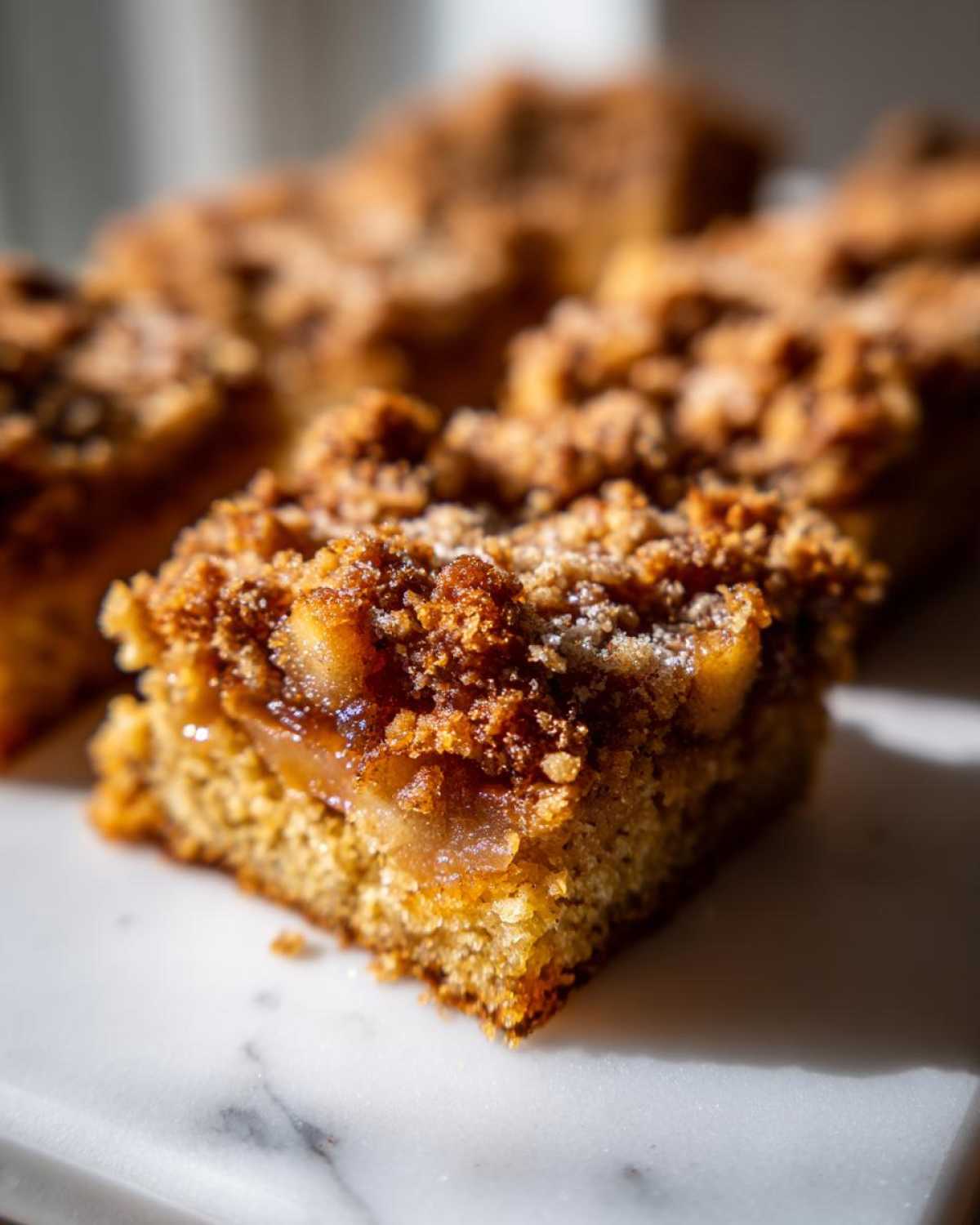 A close-up of a square piece of baked oatmeal with a thick, sugary, brown crumb topping.