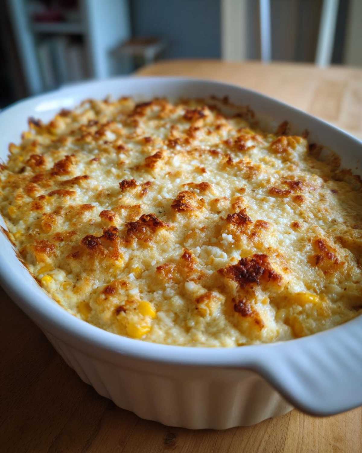 A close-up of hot, cheesy, baked street corn dip with a golden-brown, bubbly top in a white oval baking dish.