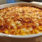 Close-up of a hot, baked street corn dip in a white dish, featuring a bubbly, browned cheese top and visible corn kernels.