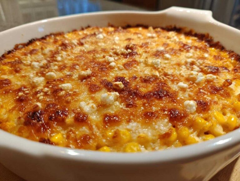 Close-up of a hot, baked street corn dip in a white dish, featuring a bubbly, browned cheese top and visible corn kernels.