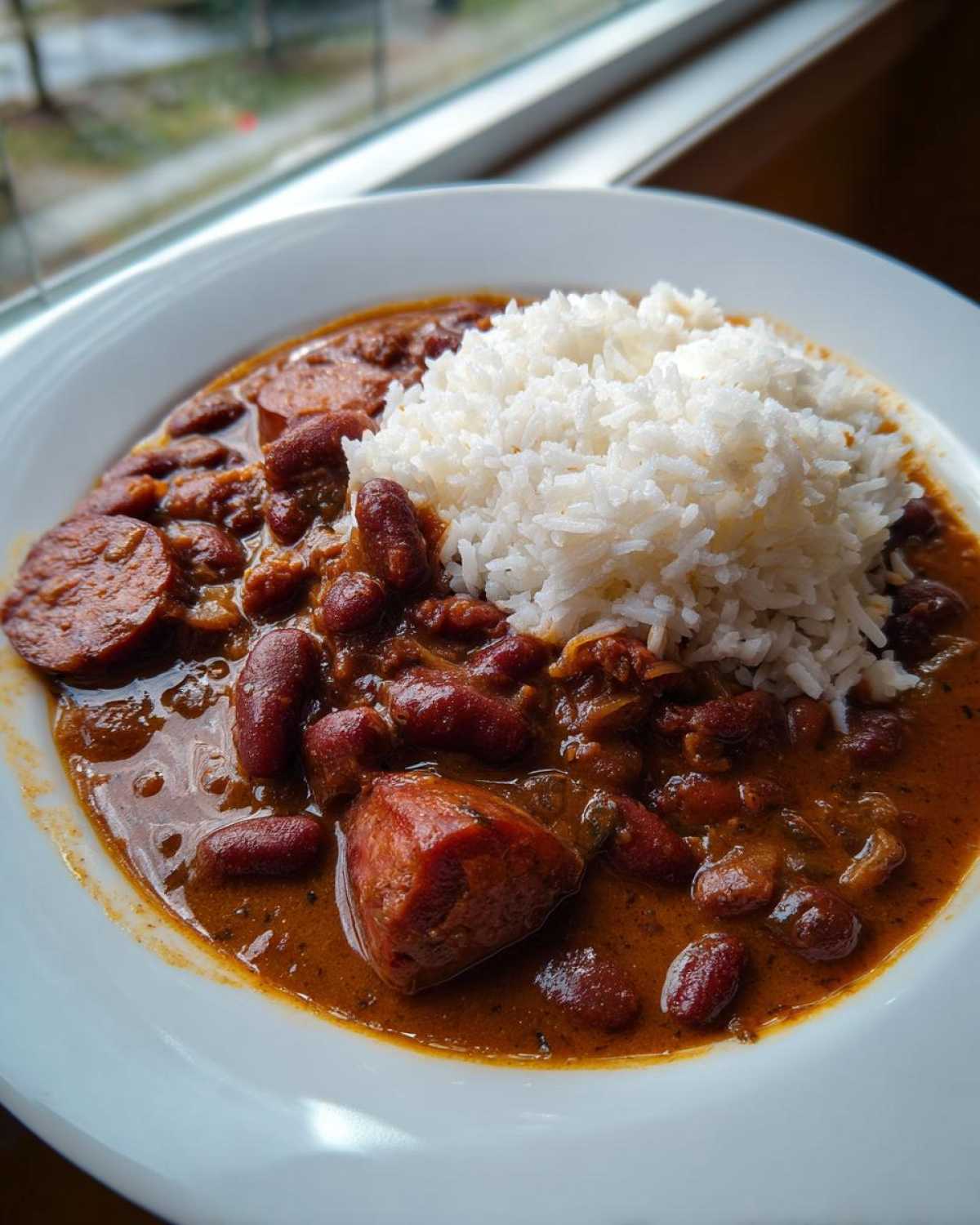 A close-up of a white bowl filled with classic beans and rice, featuring red kidney beans, rich sauce, and sliced sausage.