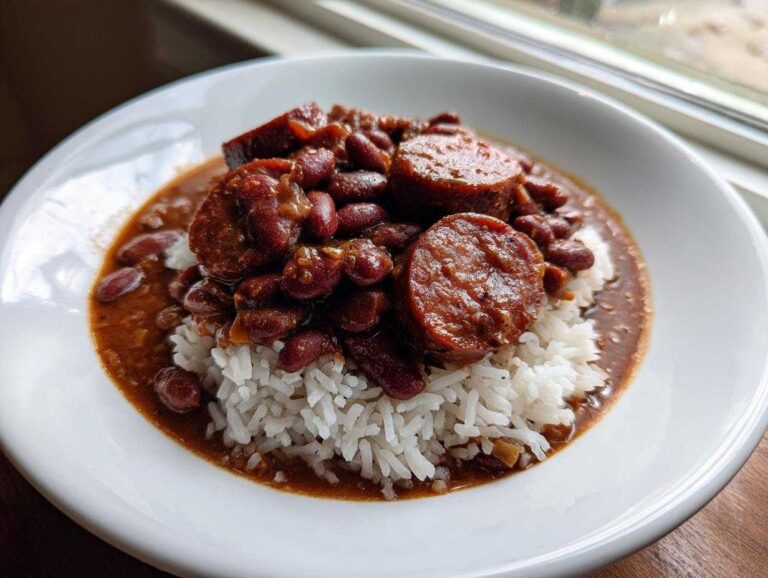 A white bowl filled with white rice topped with savory red beans and thick slices of smoked sausage, a perfect serving of beans and rice.