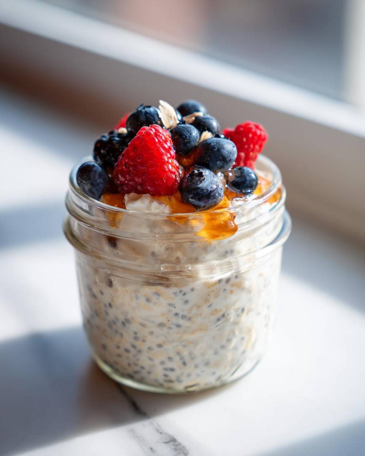 A glass jar filled with creamy overnight oats topped generously with fresh blueberries, raspberries, and a drizzle of honey.