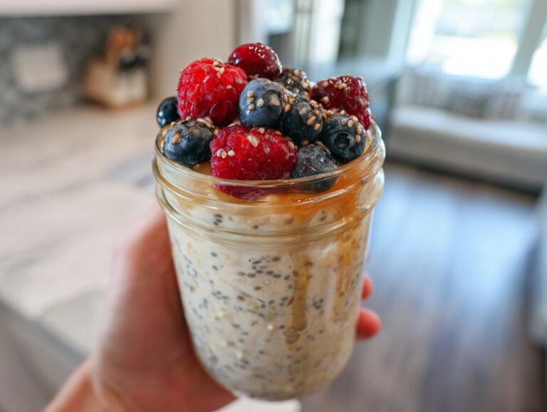 A hand holding a mason jar filled with creamy overnight oats, topped generously with fresh raspberries, blueberries, and seeds.