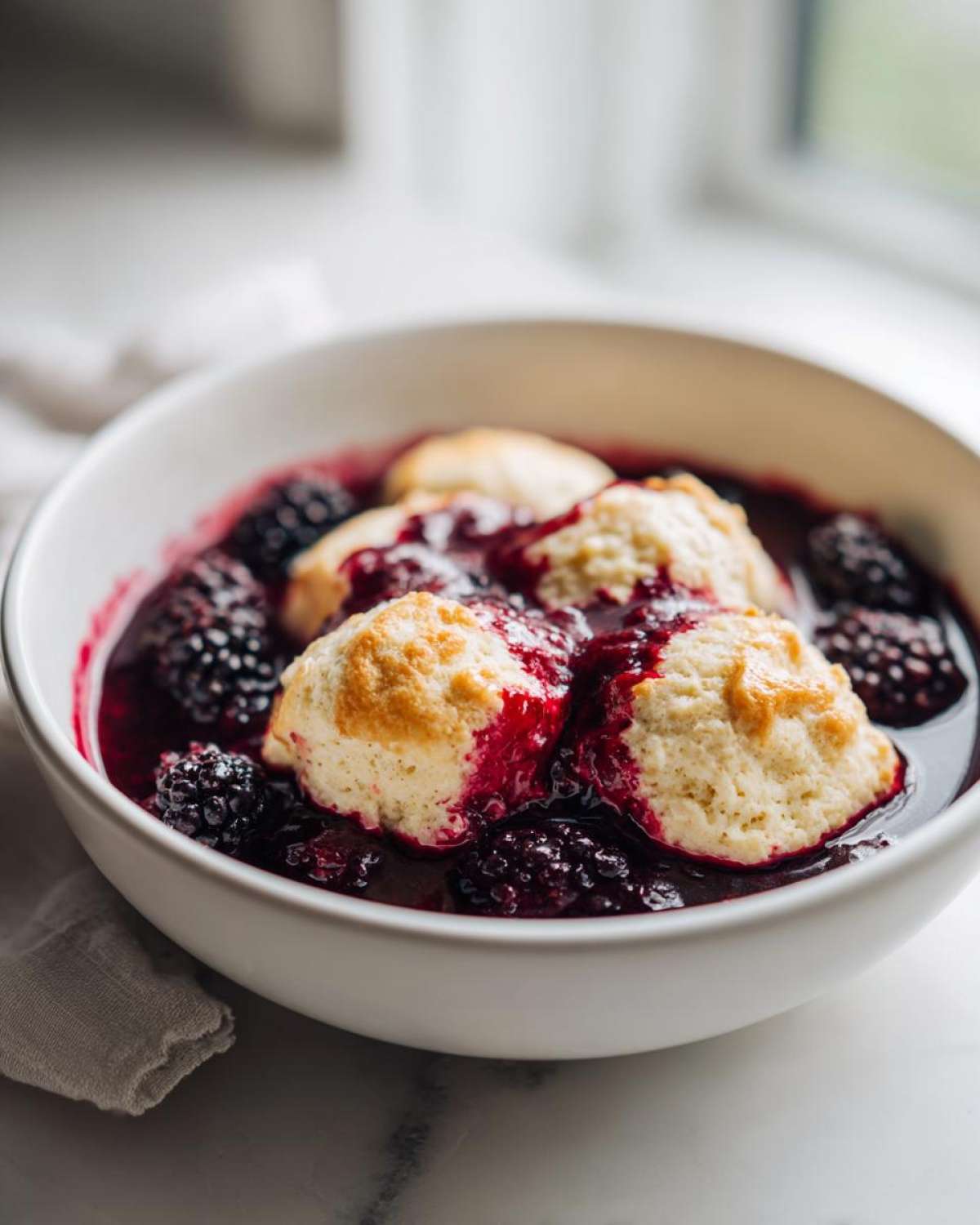 Close-up of warm Blackberry Dumplings served in a white bowl with rich, dark purple blackberry sauce.