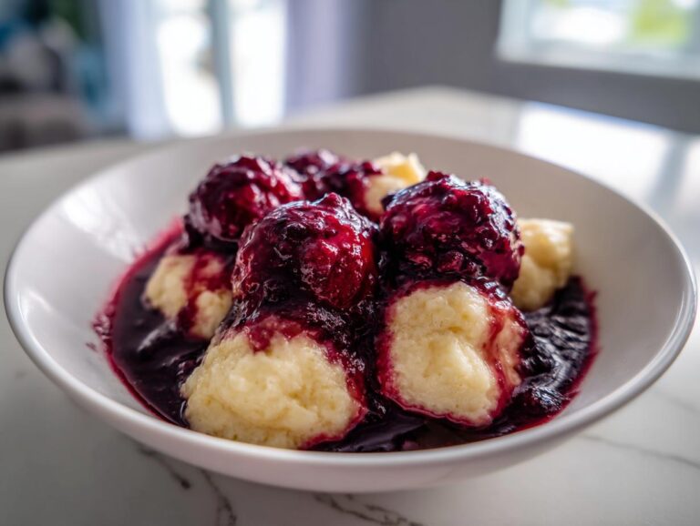 Close-up of fluffy dumplings generously covered in a deep purple blackberry sauce, served in a white bowl.