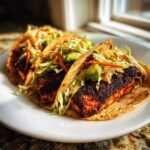 Close-up of three delicious salmon tacos filled with blackened salmon, cabbage slaw, and avocado chunks.