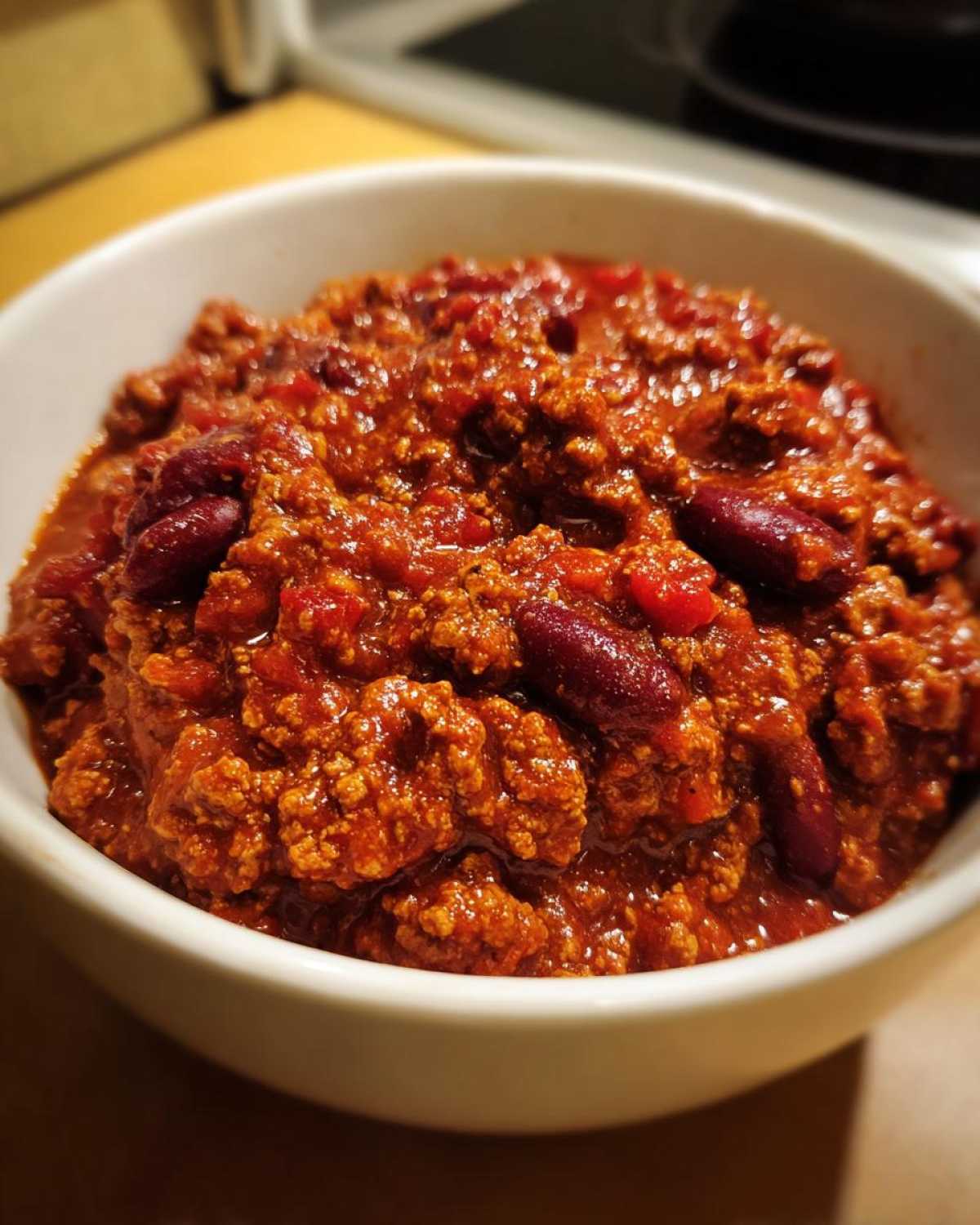 Close-up of a hearty bowl of rich, red high protein chili featuring ground meat and visible kidney beans.