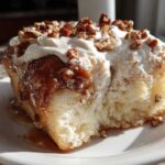 Close-up of a slice of butter pecan praline poke cake topped with whipped cream and pecans.