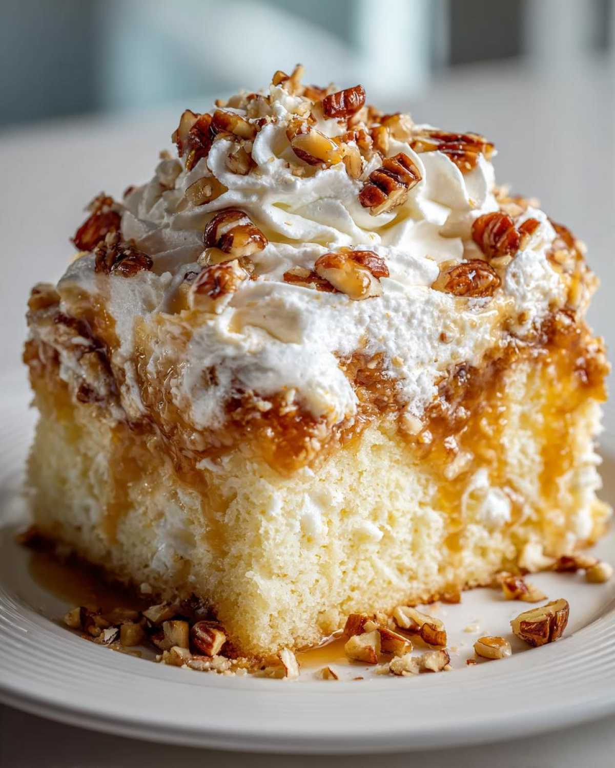 A moist slice of butter pecan praline poke cake topped with whipped cream and candied pecans.