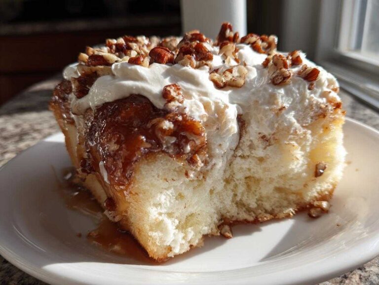 Close-up of a slice of butter pecan praline poke cake topped with whipped cream and pecans.