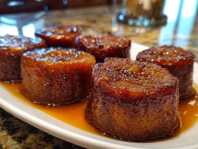Five glistening, round portions of candied sweet potatoes covered in a rich, dark glaze, served on a white plate.