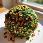 A vibrant cheese ball recipe coated entirely in chopped green herbs and toasted pecans, sitting on a white plate.