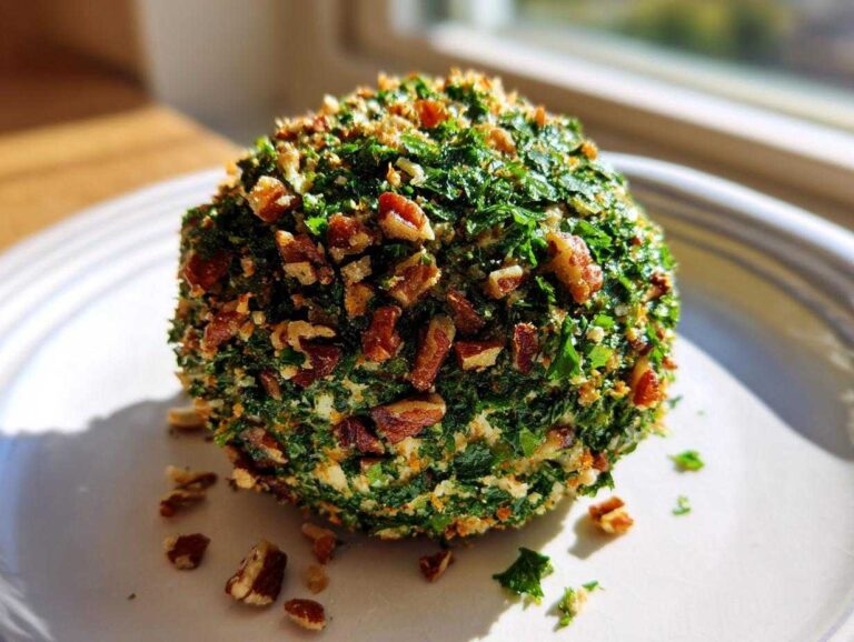 A vibrant cheese ball recipe coated entirely in chopped green herbs and toasted pecans, sitting on a white plate.