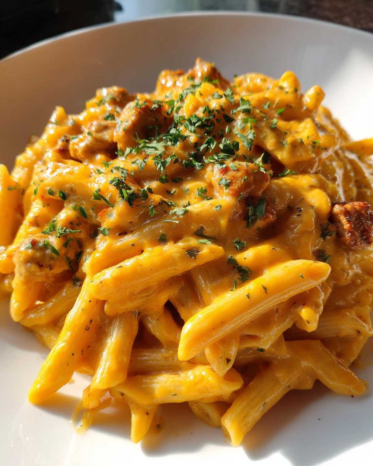 A close-up of penne pasta coated in a rich, orange cheesy sauce with chunks of chicken, garnished with fresh parsley. This is the cheesy chicken pasta.