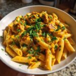 Close-up of creamy, orange-sauced cheesy chicken pasta with penne, topped with fresh parsley.