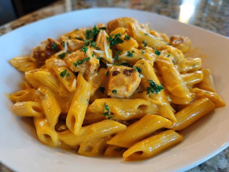 A close-up shot of creamy, cheesy chicken pasta made with penne, topped with parsley.