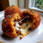 Close-up of cheesy, gooey rice balls, one broken open showing melted mozzarella cheese stretching.