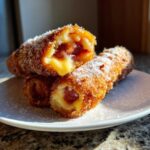 Three pieces of a sweet and savory korean corn dog, one cut open revealing melted cheese and sausage, dusted with powdered sugar.