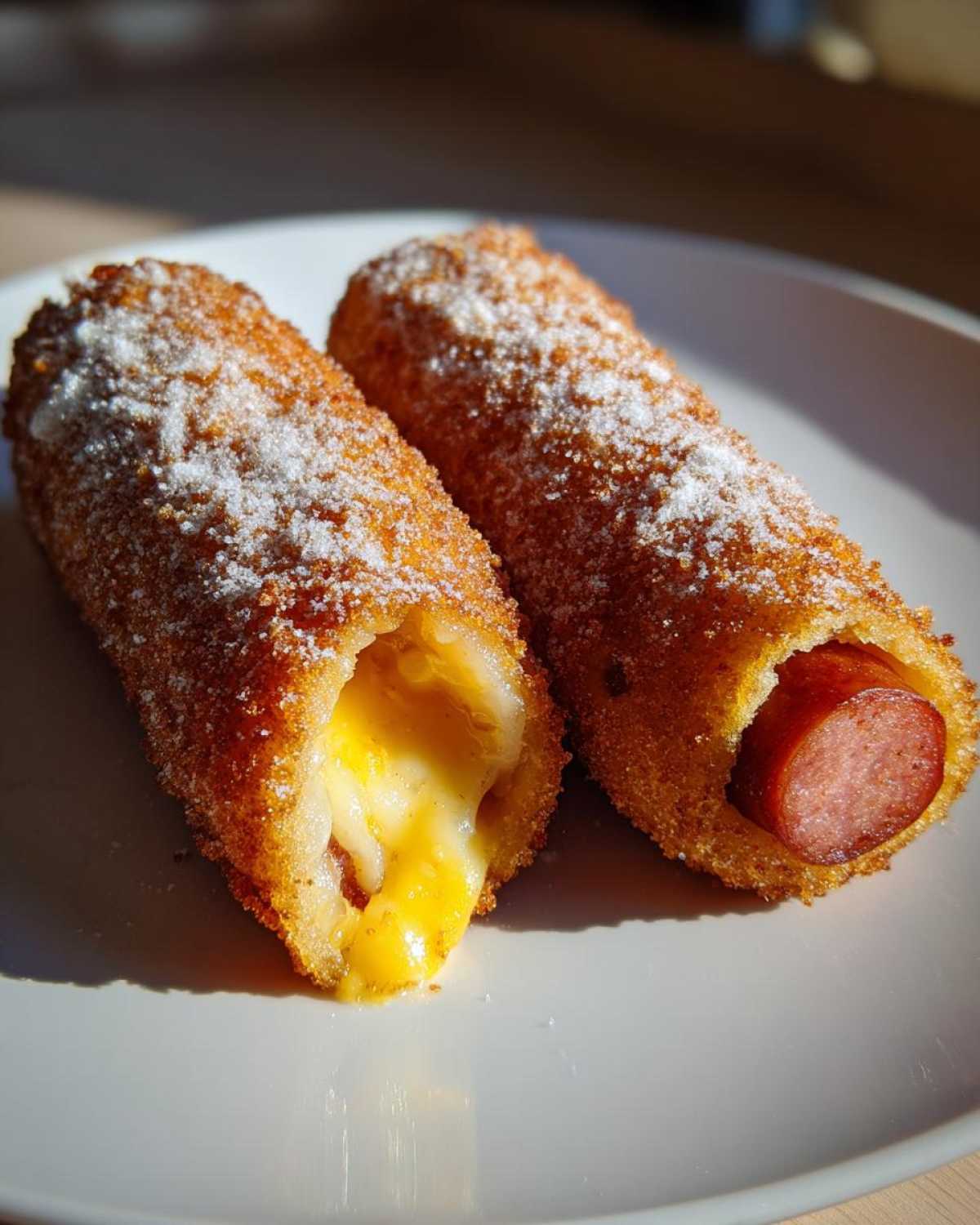 Two halves of a crispy, sugar-dusted korean corn dog showing melted cheese pull and a sausage center.