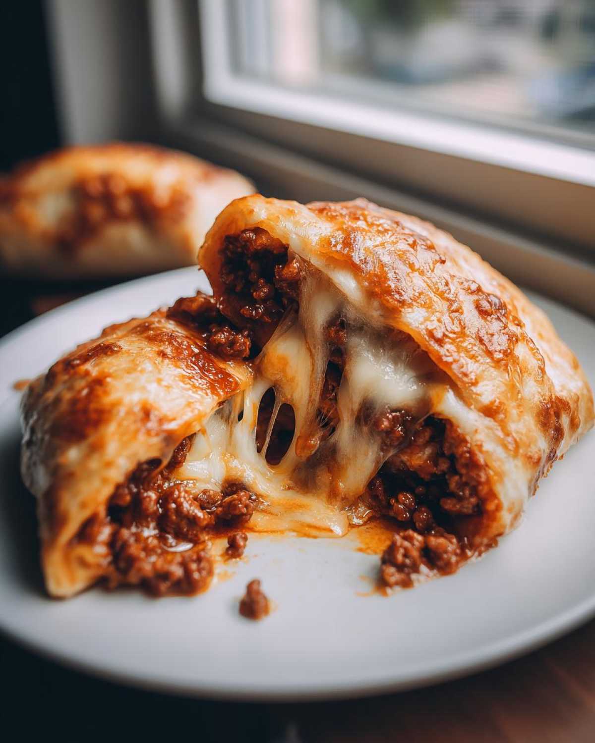Close-up of a cheesy pocket taco cut open, showing melted cheese stretching over a savory ground beef filling.