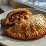 Two golden-brown cheesy pocket tacos on a white plate, one broken open revealing spicy meat and a long cheese pull.